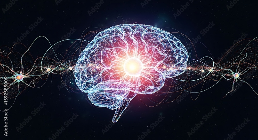 Fototapete abstract neural network brain illustration on a dark background with neurons and synapses connecting
