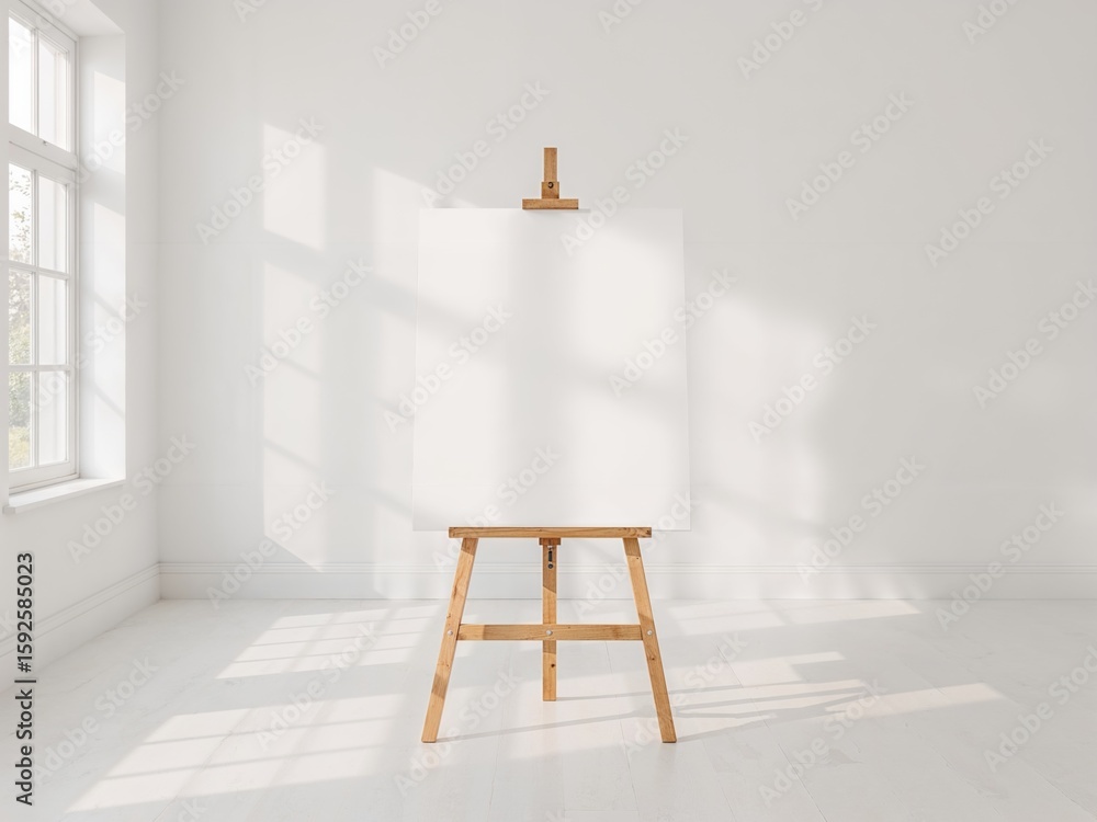 Poster a blank canvas on an easel bathed in natural light ready for artistic expression and inspiration in 