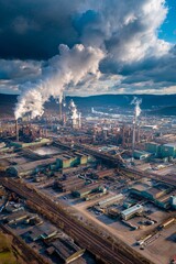 Fototapeta premium An expansive industrial facility is visible with multiple smoke stacks releasing white plumes. The setting is rural, surrounded by hills under an overcast sky during late afternoon