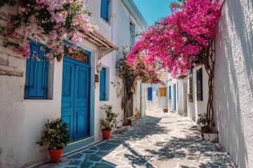 Obraz premium Whitewashed Greek alleyway, vibrant bougainvillea