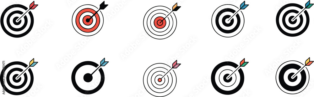 Poster targets with arrows in various colors dartboard bullseye vector bundle collection set pack template 