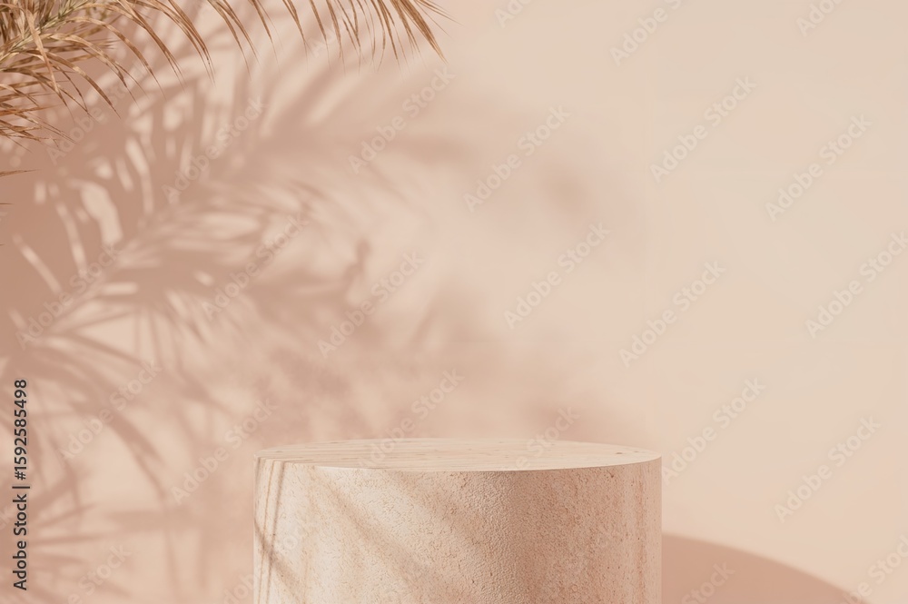 Poster a tranquil mockup scene showcasing a minimalist round pedestal with gentle palm shadows on a soft-to