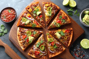A Mexican-style pizza topped with ground beef, cheese, avocado, jalapeños, and cilantro on a wooden board