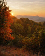Golden Autumn Sunrise over Czech Hills Illuminating Colorful Foliage