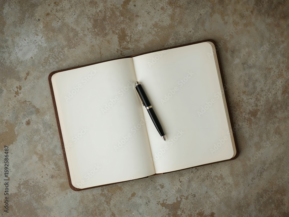 Poster an open blank notebook with worn edges and a classic pen resting on its pages conveying creativity