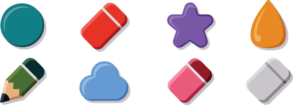 Teal circle red eraser purple star orange drop green pencil blue cloud pink eraser grey eraser vector bundle collection set pack template elements icons clipart illustration editable flat minimal mode