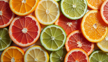 Obraz premium Diverse Citrus Slices: Fresh Composition of Colors & Water Droplets