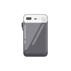Gray portable power bank with white accents, showing charging ports and power button.