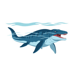 A stylized illustration of a prehistoric marine reptile, likely a mosasaur, swimming in the ocean.
