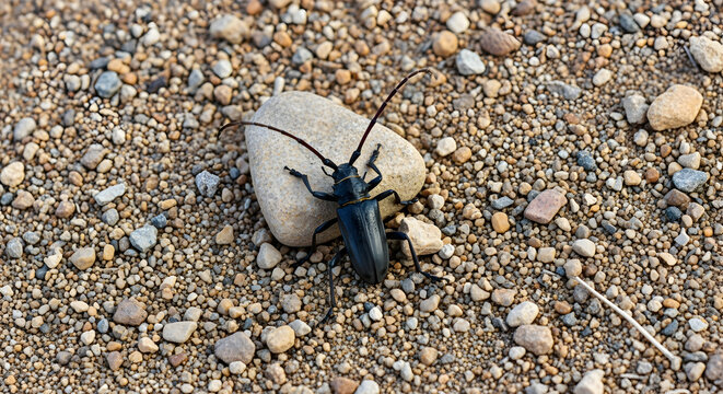 Black beetle atop a stone on a pebblestrewn ground
