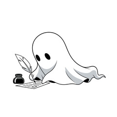 Cute ghost writing a letter with a quill and inkwell.
