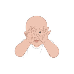 A cute baby playfully hides its face with its hands.