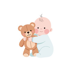 Adorable baby in a blue onesie hugging a brown teddy bear.