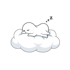 A cute cartoon ghost peacefully sleeping on a fluffy white cloud, indicated by 