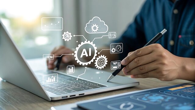 Person using laptop with ai graphics overlayed and pen in hand on a desk working on data analysis ai genrated