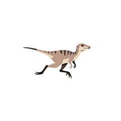 A small, tan dinosaur runs swiftly across a white background.  Its striped body and three-toed feet are clearly visible.