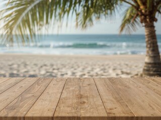 Fototapeta premium Charming Light Pine Wood Table Set Against a Serene Tropical Beach Scenery, Evoking Coastal Tranquility and Natural Beauty