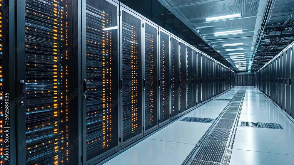 Poster rows of servers in a modern data center showcasing advanced technology and efficient design