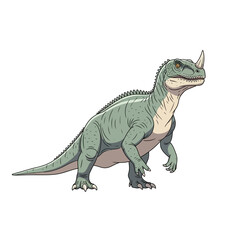 Illustration of a light green dinosaur with a horn on its nose, standing on a white background.