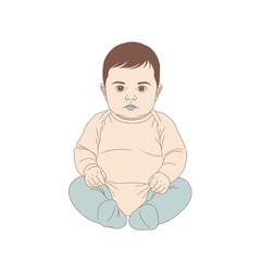 Illustration of a baby sitting upright, wearing a light pink bodysuit and blue pants, isolated on a white background.