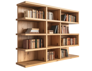 Corner wall-mounted bookshelf, floating design, transparent background 