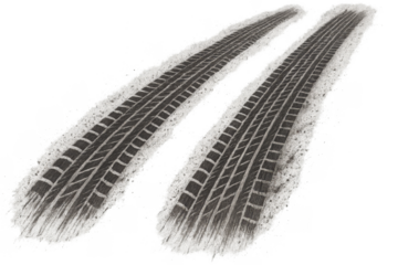 Two tire tracks leaving traces on a snowy transparent background