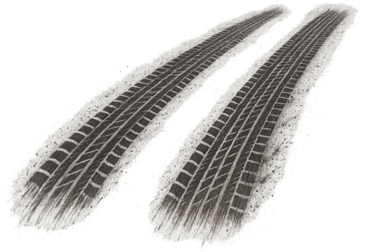 Two tire tracks leaving traces on a snowy transparent background