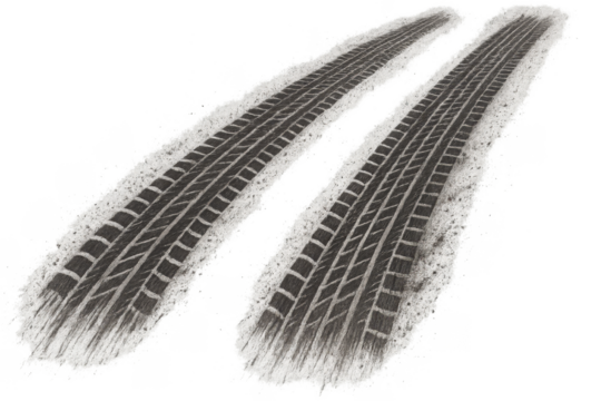 Two tire tracks leaving traces on a snowy transparent background