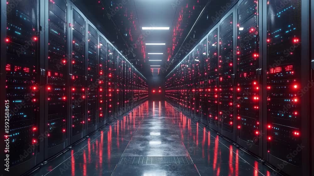 Poster sophisticated data center illuminated by vibrant lights showcasing advanced technology and server eq