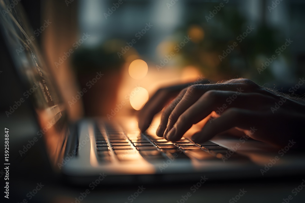 Poster close up of hands typing on a laptop keyboard with blurred background and warm light reflecting