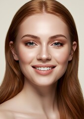 Fototapeta premium Smiling Redhead Woman with Natural Makeup and Healthy Skin