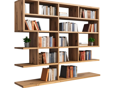 Corner wall-mounted bookshelf, floating design, transparent background