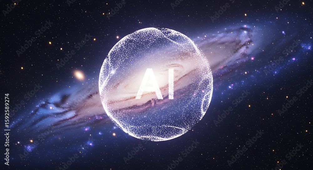 Poster artificial intelligence in a sparkling sphere with a nebula background, depicting digital innovation