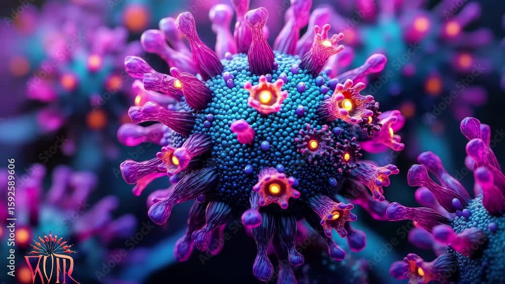 Poster detailed view of a viral structure showcasing intricate features and vibrant colors under a microsco