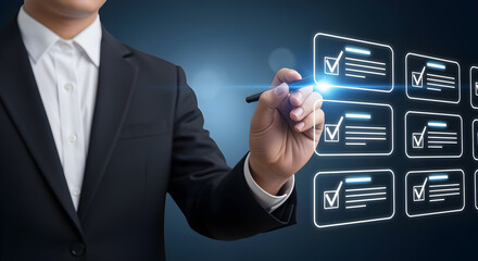 Man in suit marks checklist boxes with lightemitting pen on dark blue backdrop