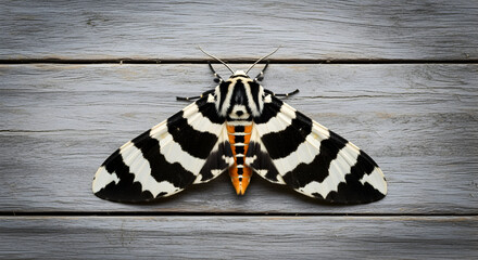 Moth with black  white patterned wings resting on gray wood planks topdown view