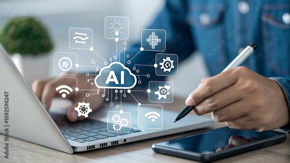 Aufkleber person using laptop with ai cloud icon and various technology related icons displayed on the screen 