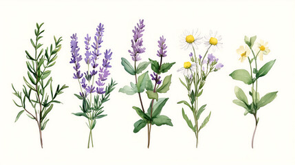 Fototapeta premium A detailed watercolor collection of medicinal herbs: lavender, chamomile, mint, echinacea and rosemary. Each plant is isolated on a transparent background with root details and labels in vintage typog