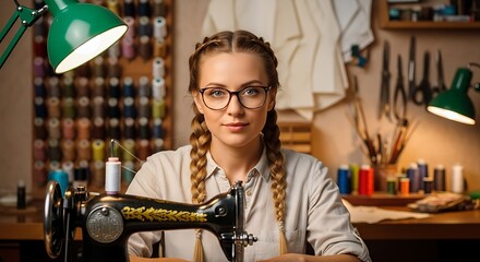 Skilled seamstress in her workshop crafting clothing using a traditional sewing machine for unique handmade fashion designs.