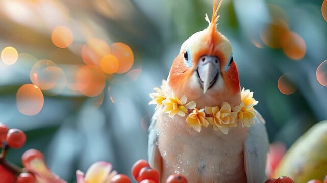 Close-up of a lutino cockatoo enjoying a pleasant tropical setting