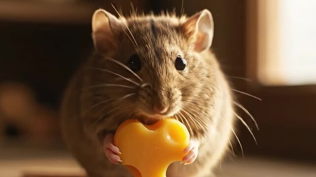 Cute Chubby Brown Fluffy Mouse Holding Heart Shaped Cheese, Rustic Cozy Kitchen Background, Cinematic Lighting, Realistic Animal Illustration