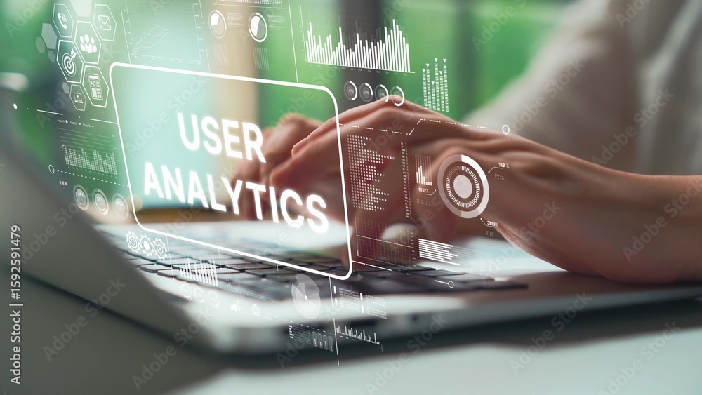 Poster modern workspace with hands typing on laptop featuring user analytics interface in a bright environm