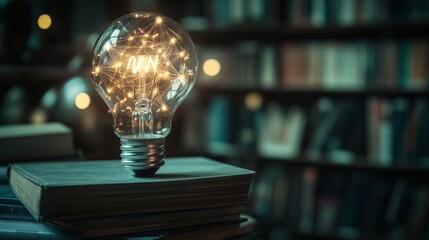 Books lit by light bulb, symbolizing knowledge and ideas.