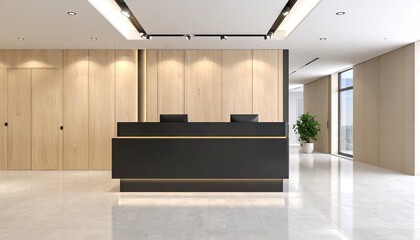 Modern reception area with light wood and dark accents