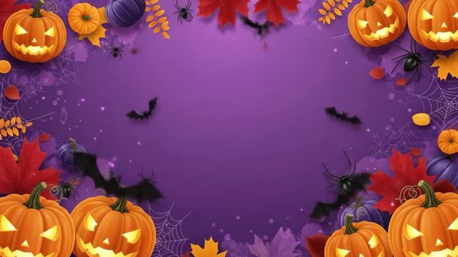 Halloween Jack-o'-Lantern Border - A vibrant Halloween border featuring carved pumpkins, spiders, bats, autumn leaves, and spiderwebs against a rich purple background.