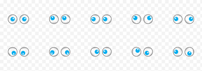 A set of plastic toy eyes. Glossy, bulging, puppet eyes. Cute, round, vector, isolated elements. Look down, up, left, right. Different, shaking, silly, hilarious pairs of eyeballs. Vector illustration