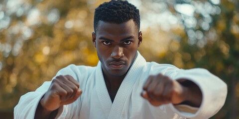 A male martial arts practitioner in a fighting stance, wearing traditional karate gear.