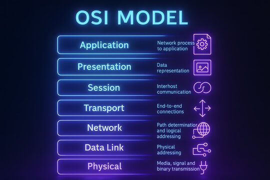 Neon OSI Model Stack Infographic with Network Layers for IT Professionals