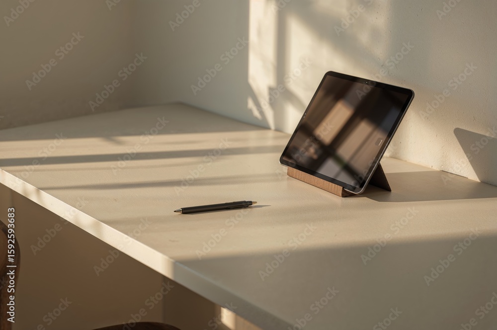 Aufkleber elegant minimalist desk scene featuring a tablet with sleek design and a pen illuminated by soft nat