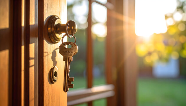 Golden Key in Wooden Door at Sunset